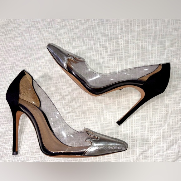 Schutz Den Flame Sz 7 Clear Panel Pointed-Toe Stiletto Pumps Silver Black suede - Picture 2 of 9